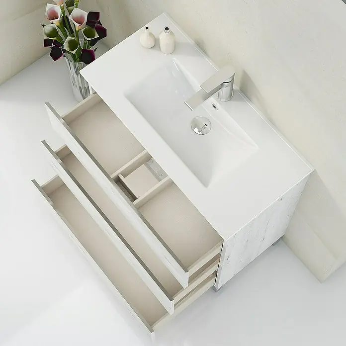 Artysan Mueble bajo de lavabo Ons - L x An x Al: 38,6 x 80 x 83,3 cm, Silver - Moderno mueble de lavabo con tres cajones y una encimera blanca, ideal para cualquier baño.