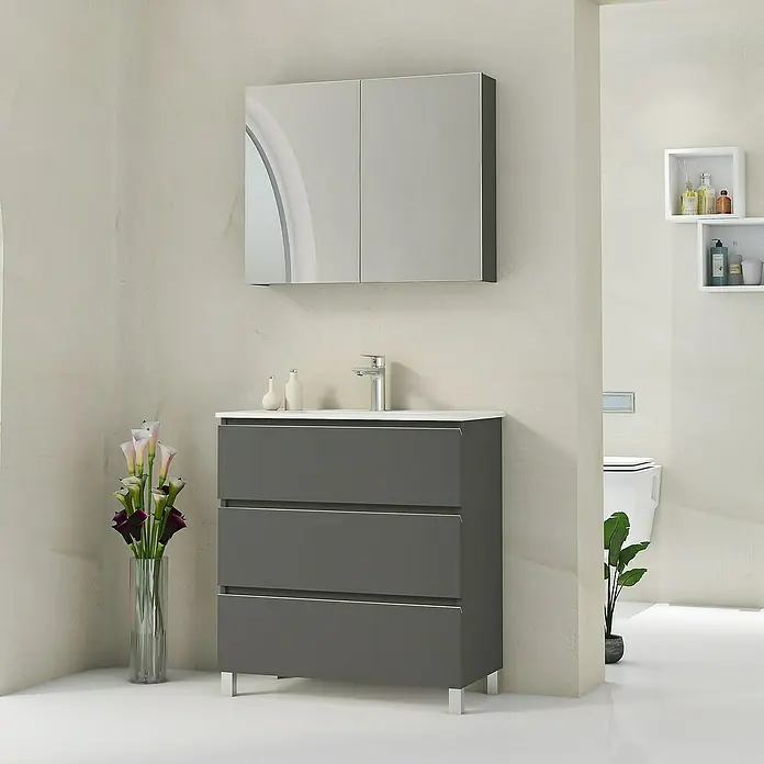 Artysan Mueble bajo de lavabo Ons - L x An x Al: 38,6 x 80 x 83,3 cm, Antracita - Moderno tocador de baño con gabinete gris y espejo para un diseño elegante del baño.