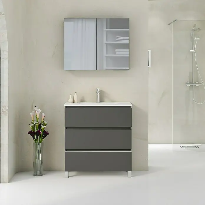 Artysan Mueble bajo de lavabo Ons - L x An x Al: 38,6 x 80 x 83,3 cm, Antracita - Mueble de baño con mueble de lavabo gris, lavabo blanco y armario con espejo con estantes para un ambiente moderno.