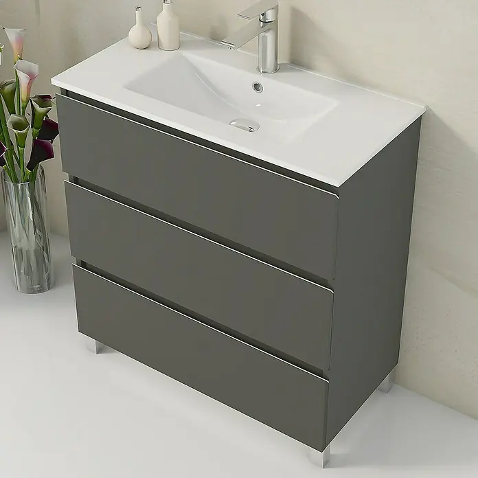 Artysan Mueble bajo de lavabo Ons - L x An x Al: 38,6 x 80 x 83,3 cm, Antracita - Moderno lavabo de baño con mueble gris, encimera blanca y cajones para una decoración elegante.