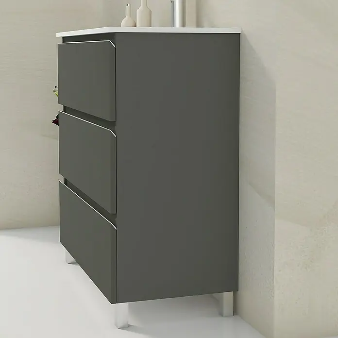 Artysan Mueble bajo de lavabo Ons - L x An x Al: 38,6 x 80 x 83,3 cm, Antracita - Elegante cajonera gris con tres cajones y detalles blancos para un diseño de baño moderno.
