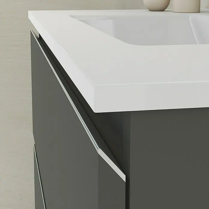 Artysan Mueble bajo de lavabo Ons - L x An x Al: 38,6 x 80 x 83,3 cm, Antracita - Primer plano de un moderno mueble de baño con encimera blanca y frentes grises, destacando su diseño limpio y elegante.