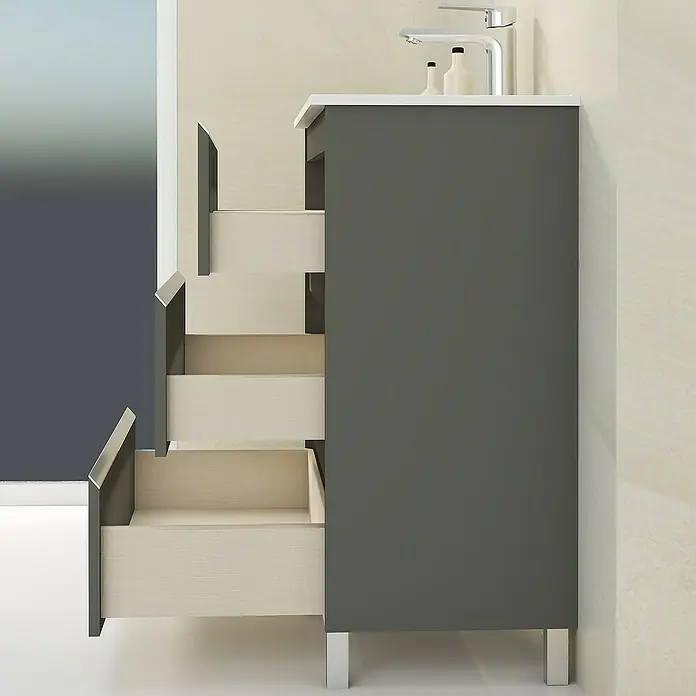 Artysan Mueble bajo de lavabo Ons - L x An x Al: 38,6 x 80 x 83,3 cm, Antracita - Tocador gris con tres cajones abiertos y un lavabo blanco. Las patas plateadas del tocador añaden un toque moderno.