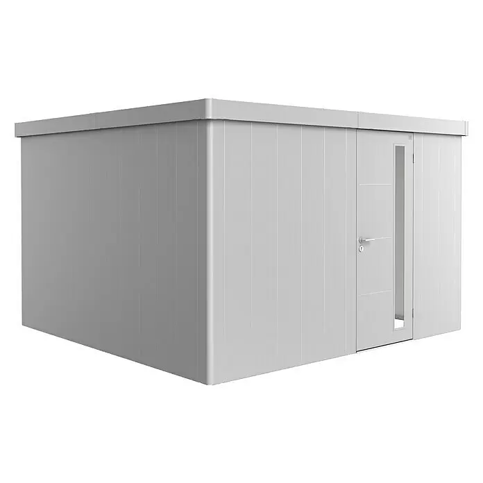 Biohort Neo Gerätehaus Neo 4D - Außenbreite inkl. Dachüberstand: 348 cm, Außentiefe inkl. Dachüberstand: 348 cm, Stahl, Silber-Metallic, Einzeltür - Graues vorgefertigtes Gartenhaus mit modernem Design und einer Tür mit vertikaler Glasscheibe.