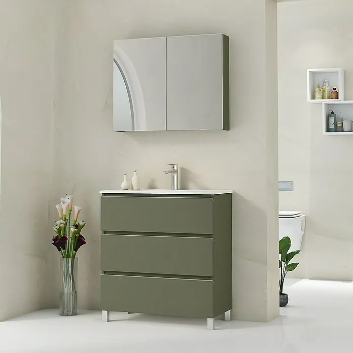 Artysan Mueble bajo de lavabo Ons - L x An x Al: 38,6 x 80 x 83,3 cm, Musgo - Tocador de baño con tres cajones verde oliva y armario con espejo. Muebles de baño modernos para baños elegantes.