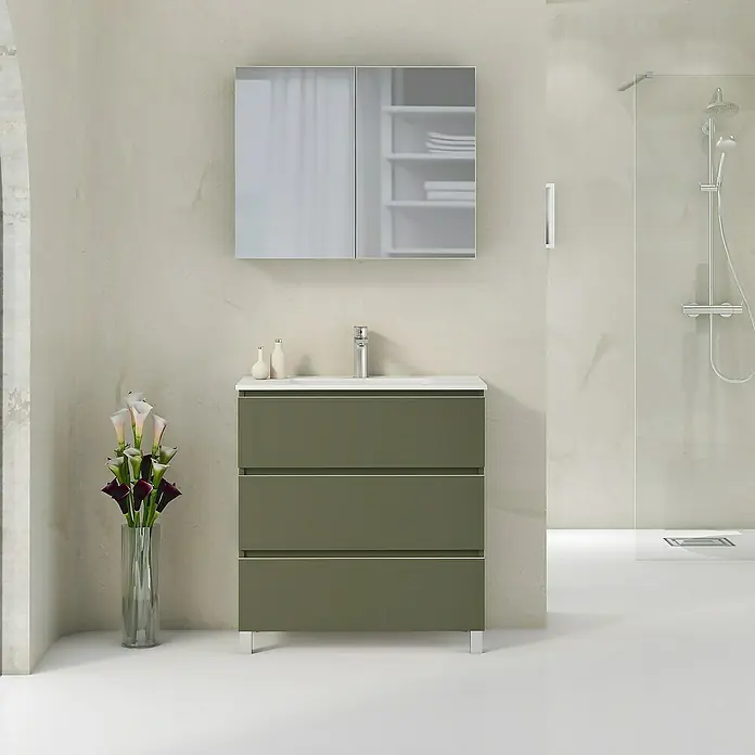Artysan Mueble bajo de lavabo Ons - L x An x Al: 38,6 x 80 x 83,3 cm, Musgo - Mueble de baño con tres cajones verde oliva y armario con espejo para un diseño de baño moderno.