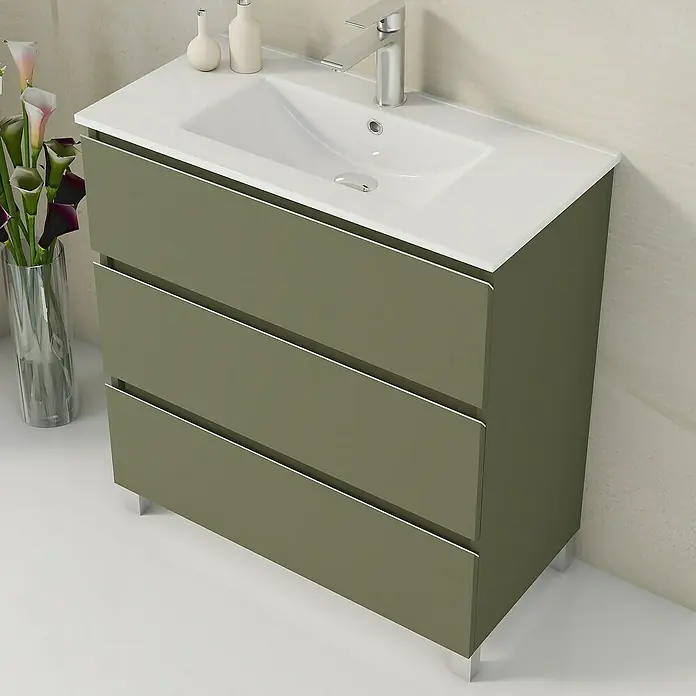 Artysan Mueble bajo de lavabo Ons - L x An x Al: 38,6 x 80 x 83,3 cm, Musgo - Baño moderno con un mueble de lavabo oliva de tres cajones y lavabo.