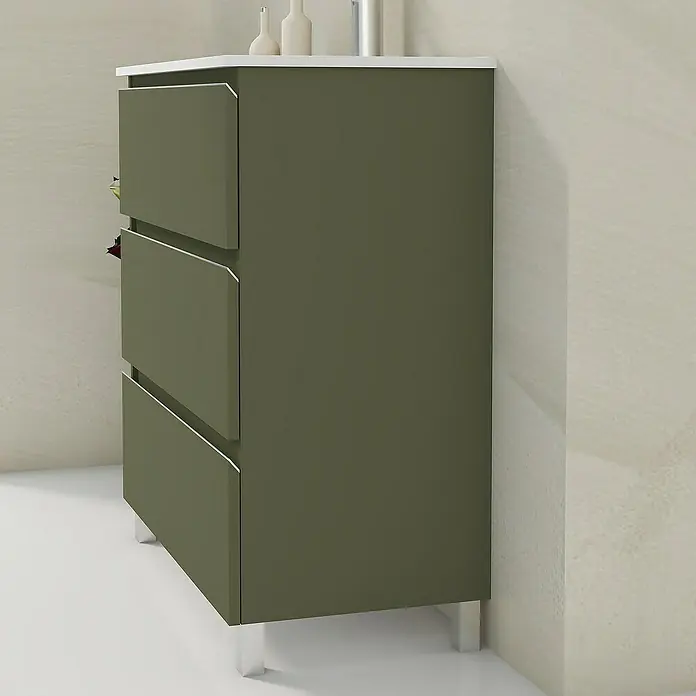Artysan Mueble bajo de lavabo Ons - L x An x Al: 38,6 x 80 x 83,3 cm, Musgo - Mueble de baño moderno de color verde oliva con tres cajones y encimera blanca. El mueble se apoya sobre pies plateados.