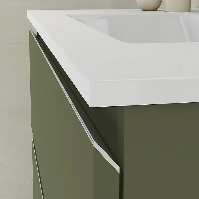 Artysan Mueble bajo de lavabo Ons - L x An x Al: 38,6 x 80 x 83,3 cm, Musgo - Primer plano de un moderno mueble de baño verde oliva con una elegante encimera blanca y diseño minimalista.