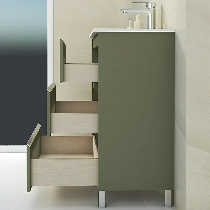 Artysan Mueble bajo de lavabo Ons - L x An x Al: 38,6 x 80 x 83,3 cm, Musgo - Este mueble de baño verde oliva con cajones abiertos ofrece un elegante espacio de almacenamiento para tu baño.