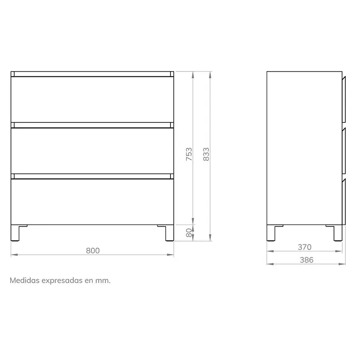 Artysan Mueble bajo de lavabo Ons - L x An x Al: 38,6 x 80 x 83,3 cm, Blanco - Vista detallada de una cómoda con tres cajones, incluyendo todas las dimensiones en milímetros para dibujos técnicos.