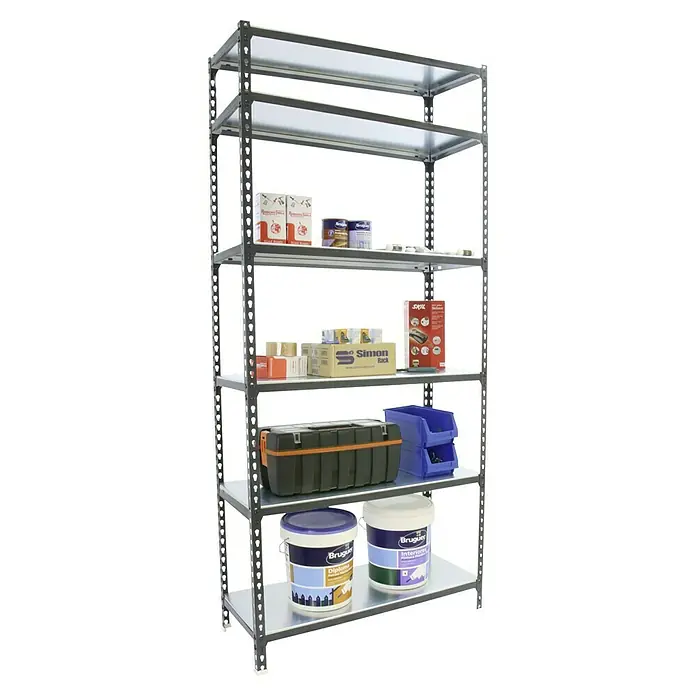Simonrack Simonclick Metallregal Simonclick Super Plus - H x B x T: 250 x 110 x 40 cm, Traglast pro Boden: 200 kg, Anzahl Böden: 6 Stk., Stecken, Anthrazit/Silber - Das Bild zeigt ein Regal mit fünf Ablagen, auf denen verschiedene Gegenstände wie Farbeimer, Werkzeugkasten und andere Produkte platziert sind.