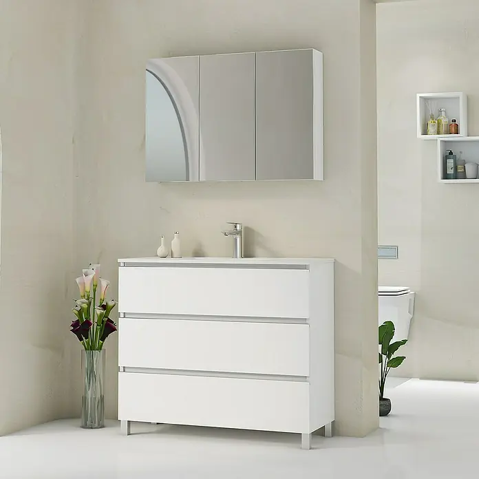 Artysan Mueble bajo de lavabo Ons - L x An x Al: 38,6 x 100 x 83,3 cm, Blanco - Un baño con un tocador blanco con tres cajones y un espejo armario encima.