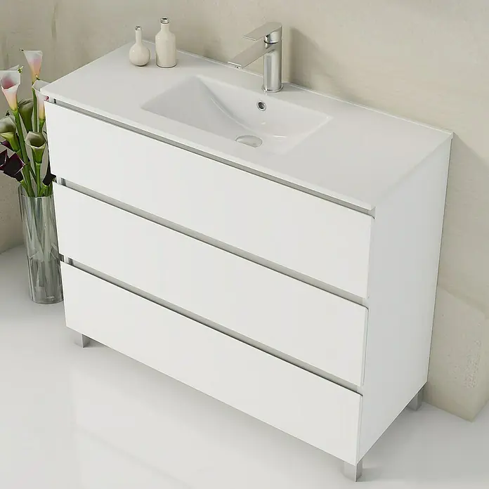 Artysan Mueble bajo de lavabo Ons - L x An x Al: 38,6 x 100 x 83,3 cm, Blanco - Mueble de baño blanco con tres cajones, lavabo y grifo, ideal para un diseño de baño moderno.