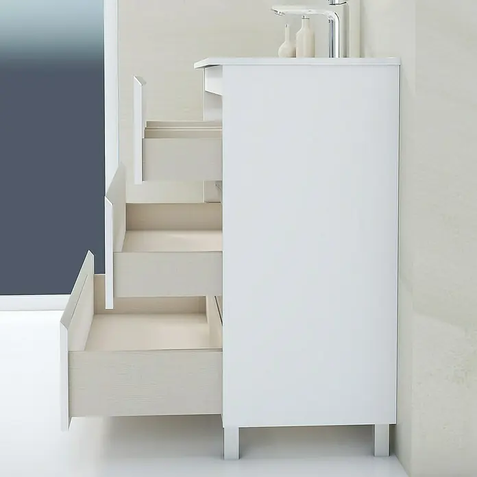 Artysan Mueble bajo de lavabo Ons - L x An x Al: 38,6 x 100 x 83,3 cm, Blanco - Un moderno mueble de baño blanco con cajones abiertos que ofrece un amplio almacenamiento y un diseño minimalista y luminoso.