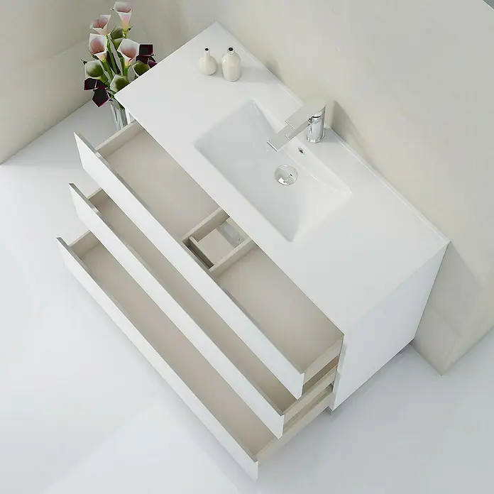 Artysan Mueble bajo de lavabo Ons - L x An x Al: 38,6 x 100 x 83,3 cm, Blanco - Lavabo moderno blanco con cajones abiertos y grifo elegante. Un reclamo para cualquier baño.