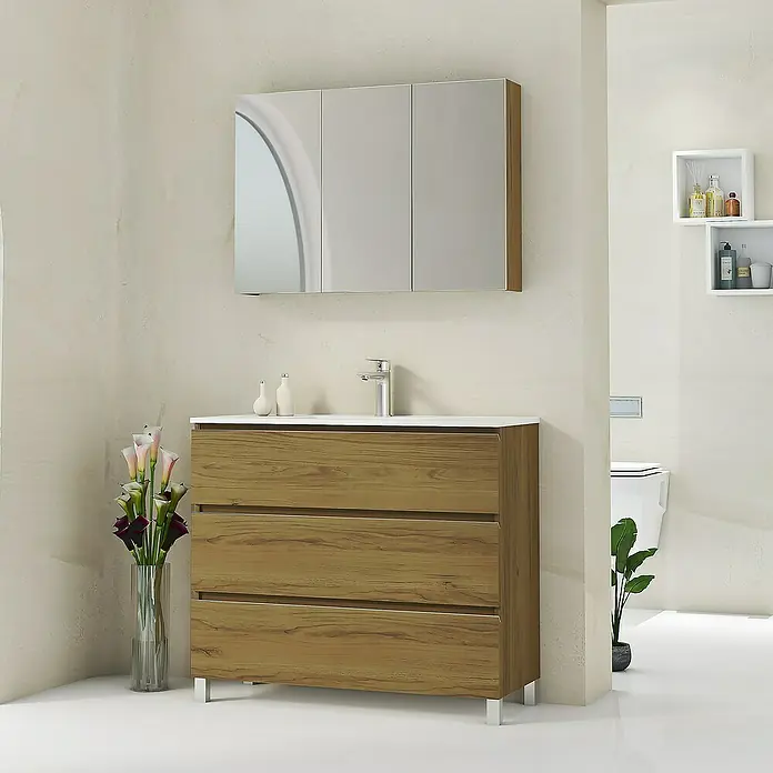 Artysan Mueble bajo de lavabo Ons - L x An x Al: 38,6 x 100 x 83,3 cm, Roble Guadarrama - Mueble de baño con un mueble bajo lavabo de madera, un armario con espejo y una encimera blanca.