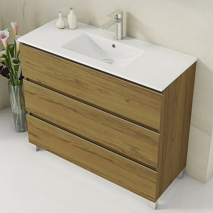 Artysan Mueble bajo de lavabo Ons - L x An x Al: 38,6 x 100 x 83,3 cm, Roble Guadarrama - Un moderno mueble de baño con vetas de madera y detalles blancos que combina estilo y funcionalidad en cualquier baño.