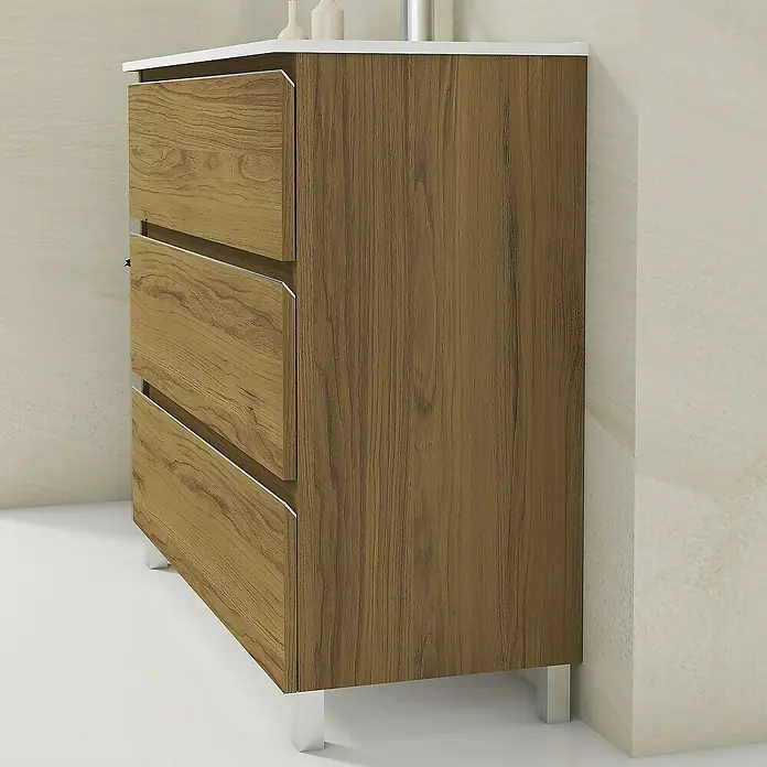 Artysan Mueble bajo de lavabo Ons - L x An x Al: 38,6 x 100 x 83,3 cm, Roble Guadarrama - Mueble de baño moderno en madera con tres cajones y detalles blancos, ideal para baños con estilo.