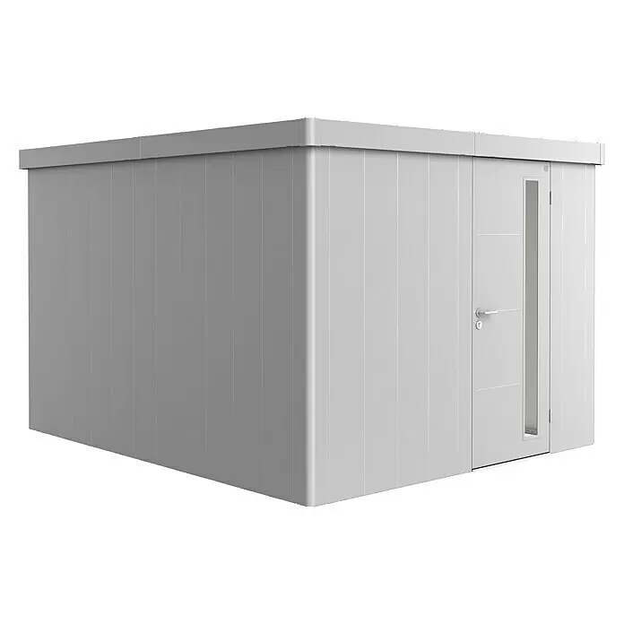 Biohort Neo Gerätehaus Neo 4C - Außenbreite inkl. Dachüberstand: 292 cm, Außentiefe inkl. Dachüberstand: 348 cm, Stahl, Silber-Metallic, Einzeltür - Schickes, hellgraues Modulgebäude mit Tür und vertikaler Glasscheibe.