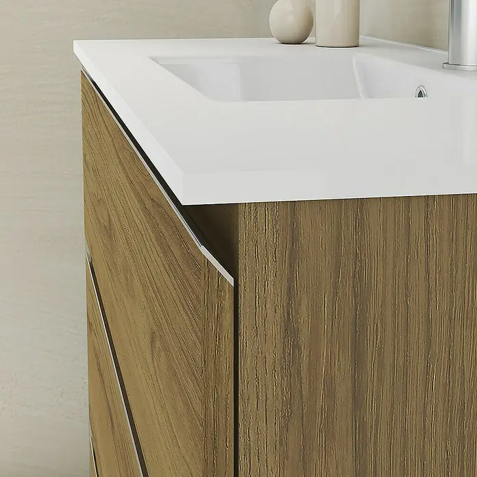 Artysan Mueble bajo de lavabo Ons - L x An x Al: 38,6 x 100 x 83,3 cm, Roble Guadarrama - Primer plano de un mueble de baño con lavabo blanco y frente de madera, mostrando un accesorio de baño moderno.
