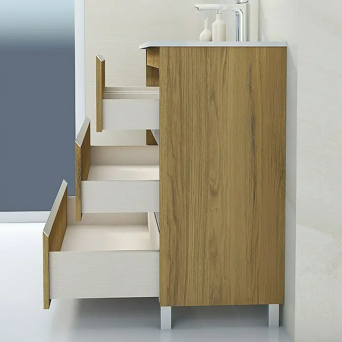Artysan Mueble bajo de lavabo Ons - L x An x Al: 38,6 x 100 x 83,3 cm, Roble Guadarrama - Un mueble de baño con tres cajones abiertos, que ofrece mucho espacio de almacenamiento y mantiene el baño ordenado. El aspecto de madera añade calidez.