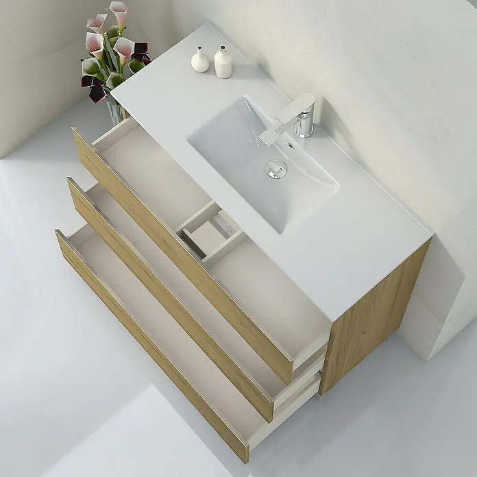 Artysan Mueble bajo de lavabo Ons - L x An x Al: 38,6 x 100 x 83,3 cm, Roble Guadarrama - Elegante mueble de lavabo con sistema de cajones abiertos y grifo moderno. Perfecto para baños con estilo.