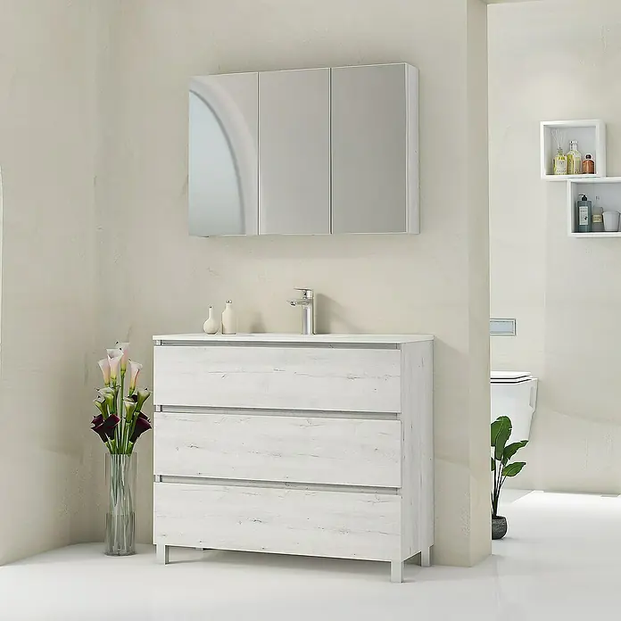 Artysan Mueble bajo de lavabo Ons - L x An x Al: 38,6 x 100 x 83,3 cm, Silver - Un elegante lavabo de baño con tres cajones con aspecto de madera blanca y un armario con espejo a juego.