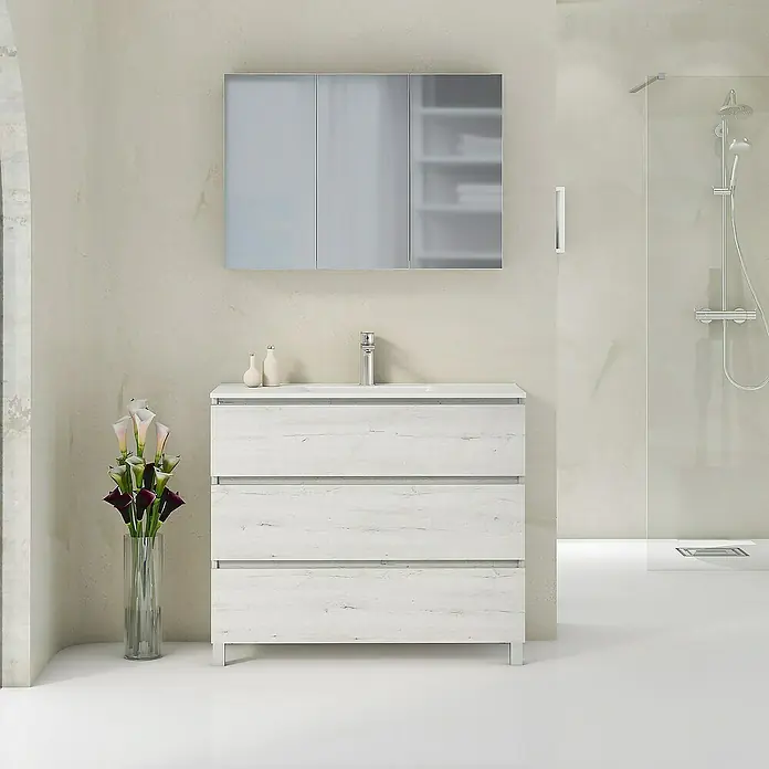 Artysan Mueble bajo de lavabo Ons - L x An x Al: 38,6 x 100 x 83,3 cm, Silver - Lavabo de baño moderno con cajones blancos, espejo elegante y detalles de estilo para un ambiente elegante.