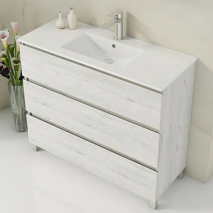 Artysan Mueble bajo de lavabo Ons - L x An x Al: 38,6 x 100 x 83,3 cm, Silver - Mueble de baño moderno con lavabo, aspecto de madera blanca y tres cajones para un elegante almacenamiento en el baño.
