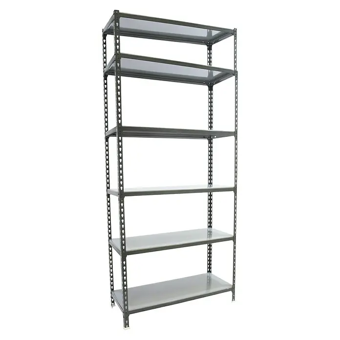 Simonrack Simonclick Metallregal Simonclick Mega Plus - H x B x T: 250 x 120 x 50 cm, Traglast pro Boden: 200 kg, Anzahl Böden: 6 Stk., Stecken, Anthrazit/Silber - Das Bild zeigt ein graues Metallregal mit sechs Regalböden, ideal für Lagerung und Organisation in Werkstatt oder Keller.