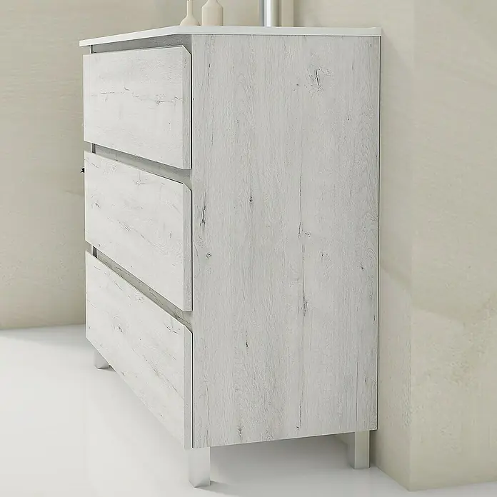 Artysan Mueble bajo de lavabo Ons - L x An x Al: 38,6 x 100 x 83,3 cm, Silver - Cómoda de madera blanca con tres cajones y un diseño sencillo y moderno, ideal para dormitorio o sala de estar.
