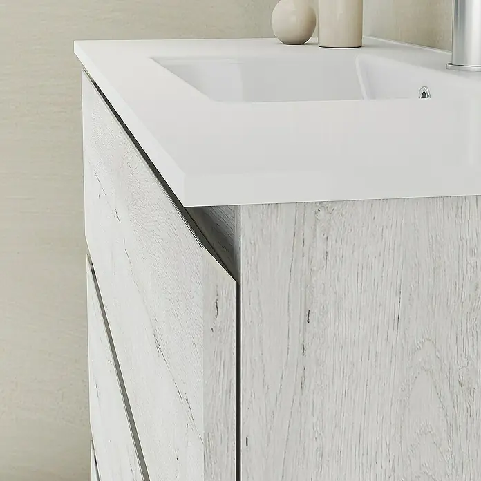 Artysan Mueble bajo de lavabo Ons - L x An x Al: 38,6 x 100 x 83,3 cm, Silver - Primer plano de un moderno mueble de baño con lavabo blanco y mueble de madera clara.