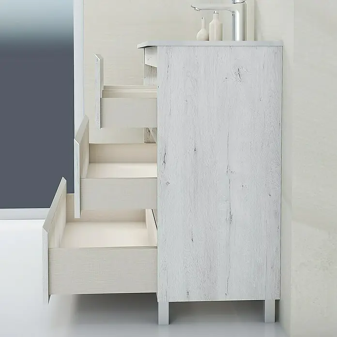 Artysan Mueble bajo de lavabo Ons - L x An x Al: 38,6 x 100 x 83,3 cm, Silver - Un mueble de baño de madera clara con sistema de cajones abiertos, que ofrece mucho espacio de almacenamiento y una estética de diseño moderno.