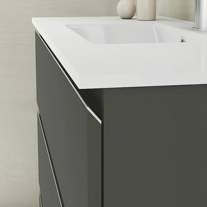Artysan Mueble bajo de lavabo Ons - L x An x Al: 38,6 x 100 x 83,3 cm, Antracita - Primer plano de un moderno mueble de baño gris con encimera blanca, que presenta un diseño minimalista perfecto para baños elegantes.