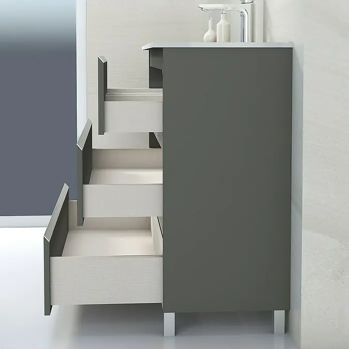 Artysan Mueble bajo de lavabo Ons - L x An x Al: 38,6 x 100 x 83,3 cm, Antracita - Mueble de baño moderno gris con tres cajones abiertos y patas plateadas situado debajo de un lavabo.