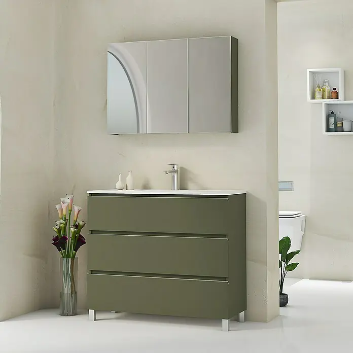 Artysan Mueble bajo de lavabo Ons - L x An x Al: 38,6 x 100 x 83,3 cm, Musgo - Mueble de baño moderno con tres cajones verde oliva y armario con espejo. Diseño elegante para un baño con estilo.