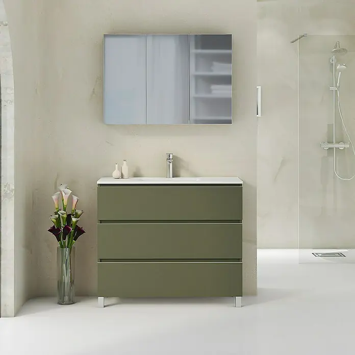 Artysan Mueble bajo de lavabo Ons - L x An x Al: 38,6 x 100 x 83,3 cm, Musgo - Un baño moderno con un mueble de lavabo verde oliva, un lavabo y un espejo. Diseño elegante para baños elegantes y con mucho estilo.