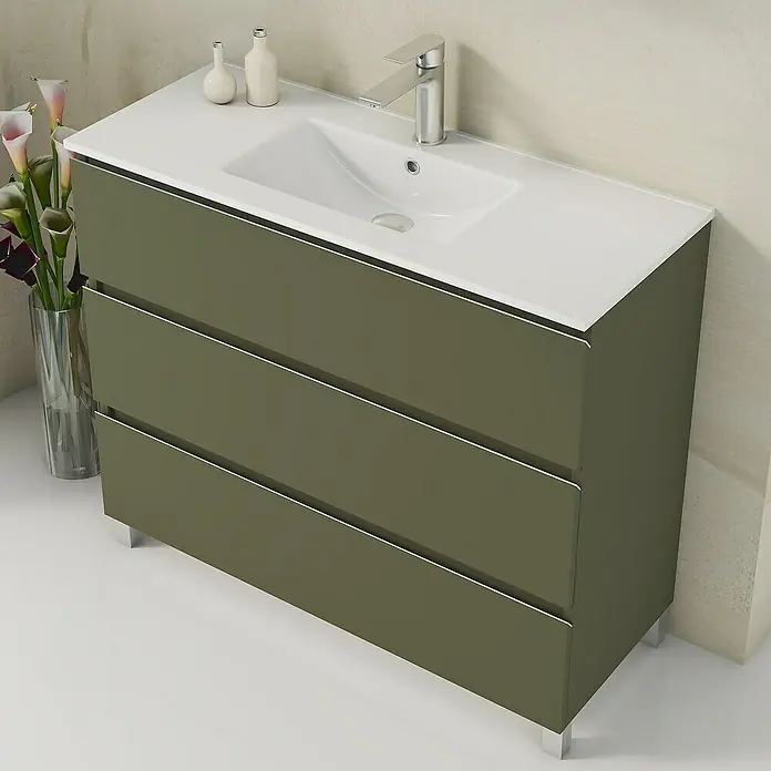Artysan Mueble bajo de lavabo Ons - L x An x Al: 38,6 x 100 x 83,3 cm, Musgo - Lavabo de baño moderno con tocador verde oliva y lavabo encastado blanco, un accesorio elegante y funcional.