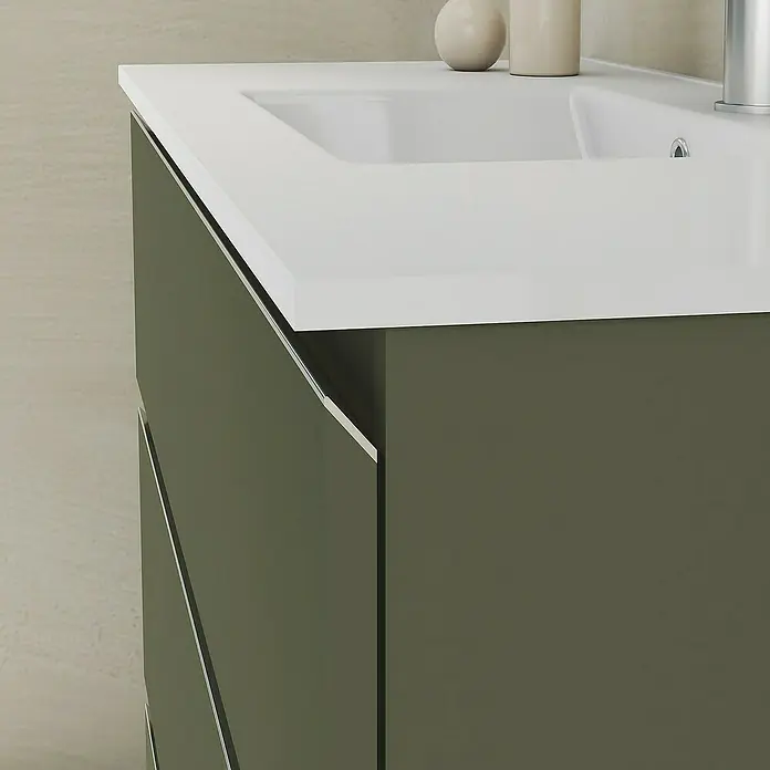 Artysan Mueble bajo de lavabo Ons - L x An x Al: 38,6 x 100 x 83,3 cm, Musgo - Primer plano de un moderno mueble de baño en verde oliva, con una elegante encimera blanca y elementos de diseño minimalistas.