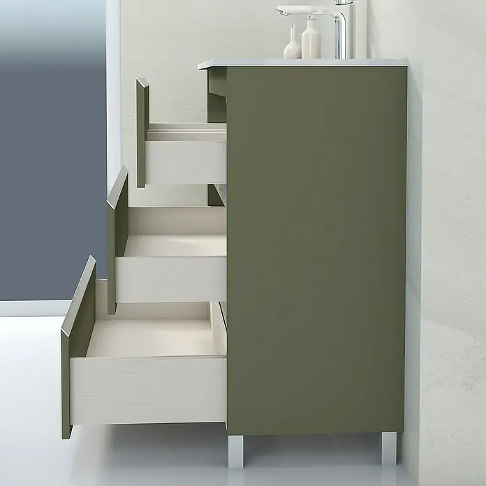 Artysan Mueble bajo de lavabo Ons - L x An x Al: 38,6 x 100 x 83,3 cm, Musgo - Mueble de baño moderno verde oliva con tres cajones abiertos, perfecto para un almacenamiento elegante.