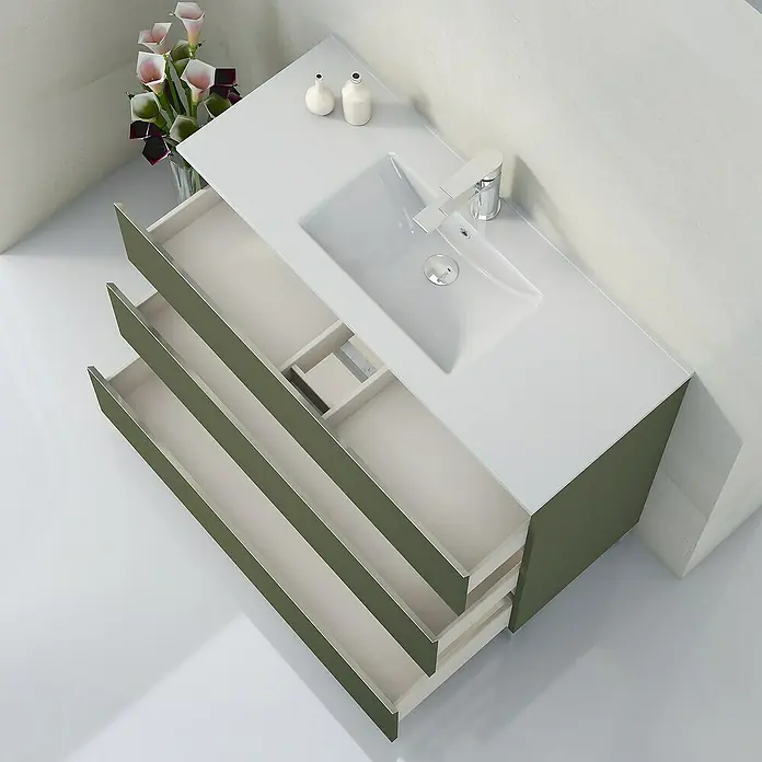 Artysan Mueble bajo de lavabo Ons - L x An x Al: 38,6 x 100 x 83,3 cm, Musgo - Vista superior de un tocador de baño moderno con sistema de cajones abiertos y un lavabo sobre una encimera blanca.