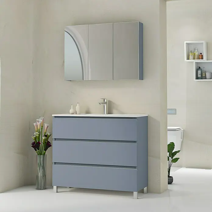 Artysan Mueble bajo de lavabo Ons - L x An x Al: 38,6 x 100 x 83,3 cm, Azul - Interior elegante de baño con mueble de lavabo gris con tres cajones y espejo de pared.