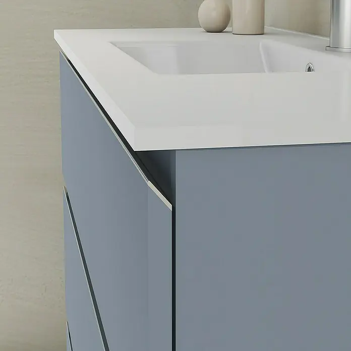 Artysan Mueble bajo de lavabo Ons - L x An x Al: 38,6 x 100 x 83,3 cm, Azul - Primer plano de un moderno mueble de baño gris con una elegante superficie de lavabo blanca.