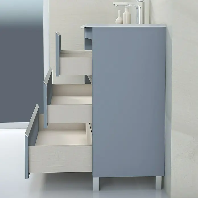 Artysan Mueble bajo de lavabo Ons - L x An x Al: 38,6 x 100 x 83,3 cm, Azul - Imagen de un mueble de baño gris con cajones abiertos que muestra su solución de almacenamiento y diseño moderno.