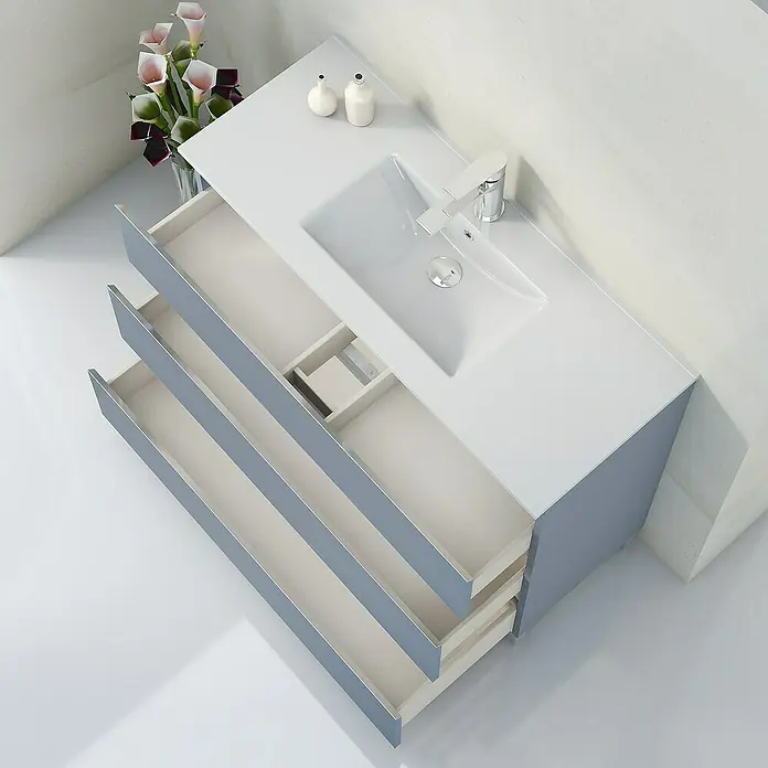 Artysan Mueble bajo de lavabo Ons - L x An x Al: 38,6 x 100 x 83,3 cm, Azul - Tocador de baño moderno con tres cajones abiertos y accesorios elegantes, perfecto para diseños de baño elegantes.