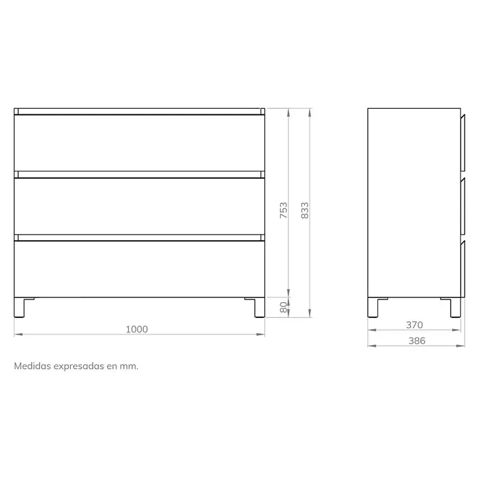Artysan Mueble bajo de lavabo Ons - L x An x Al: 38,6 x 100 x 83,3 cm, Azul - Dibujo técnico de un cajonero blanco con medidas en milímetros para diseño y planificación.
