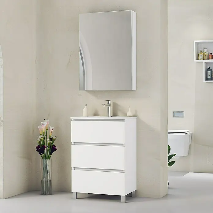 Artysan Mueble bajo de lavabo Ons - L x An x Al: 38,6 x 60 x 83,3 cm, Blanco - Un mueble de baño blanco con tres cajones, un lavabo y un armario con espejo encima añade elegancia al baño.