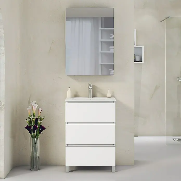 Artysan Mueble bajo de lavabo Ons - L x An x Al: 38,6 x 60 x 83,3 cm, Blanco - Mueble de baño blanco con tres cajones y espejo en una pared luminosa, complementado con un ramo de flores para el baño.