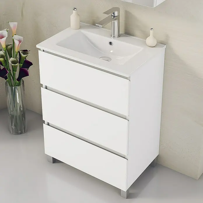 Artysan Mueble bajo de lavabo Ons - L x An x Al: 38,6 x 60 x 83,3 cm, Blanco - Este mueble de baño blanco ofrece mucho espacio de almacenamiento con sus tres cajones. El estilo moderno encaja perfectamente en cualquier baño.